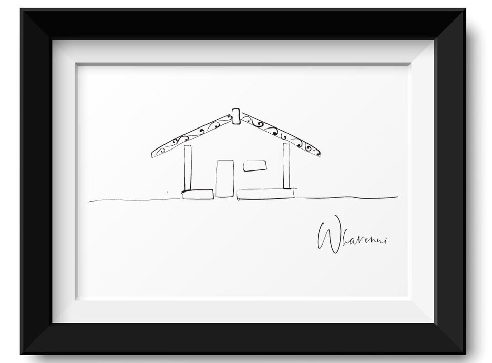 Maori art prints for sale - black and white print of Wharenui or meeting house